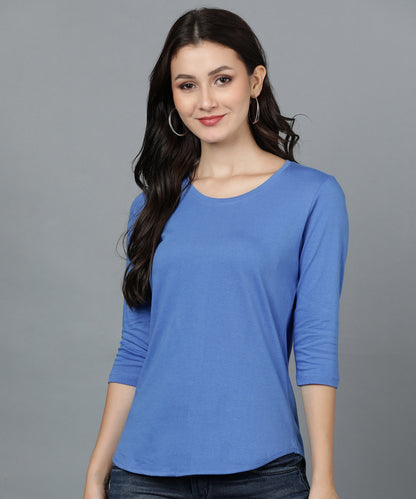 Solid 3/4 Sleeve women T-shirt Blue