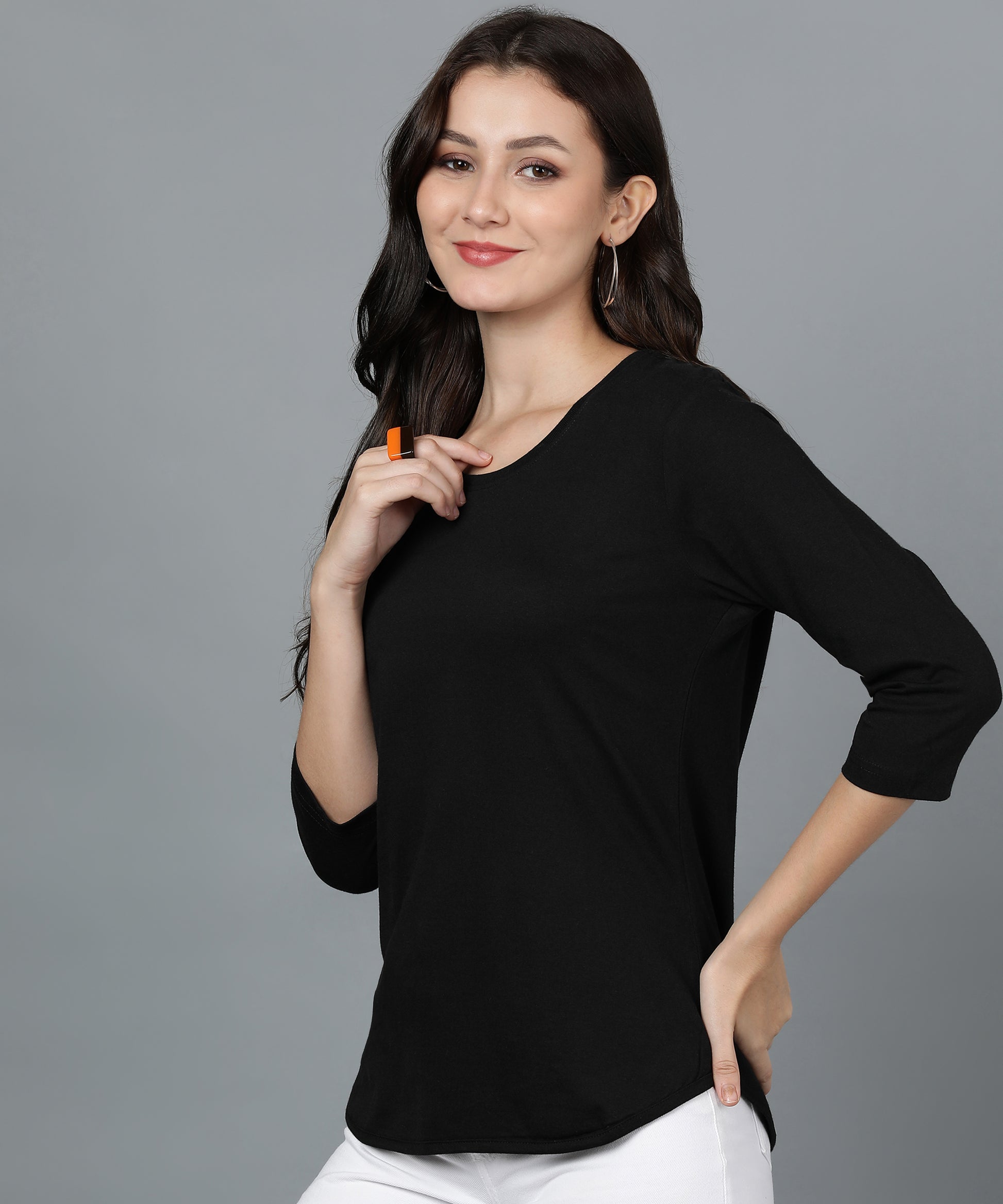 Solid 3/4 Sleeve women T-shirt Black