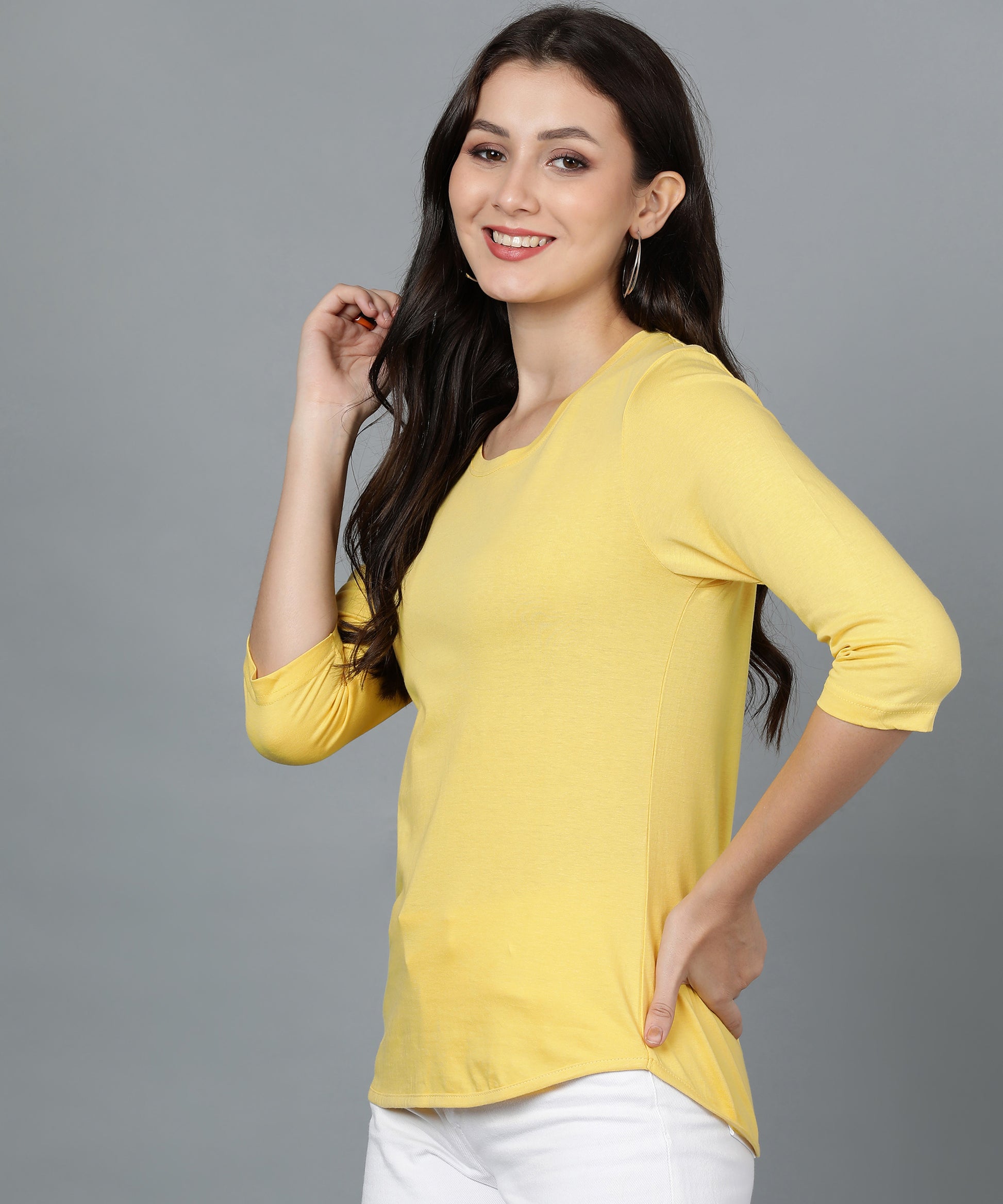 Solid 3/4 Sleeve women T-shirt Yellow