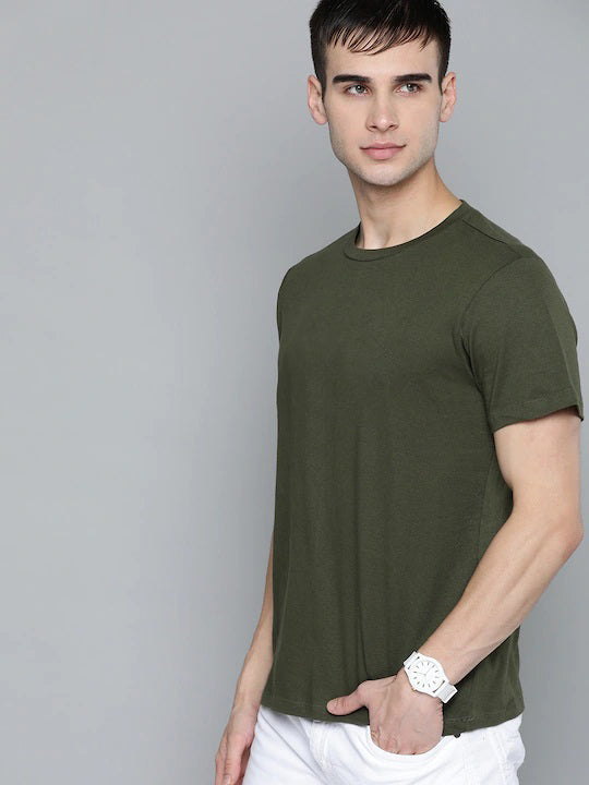 Solid Half Sleeve Men T-shirt Olive